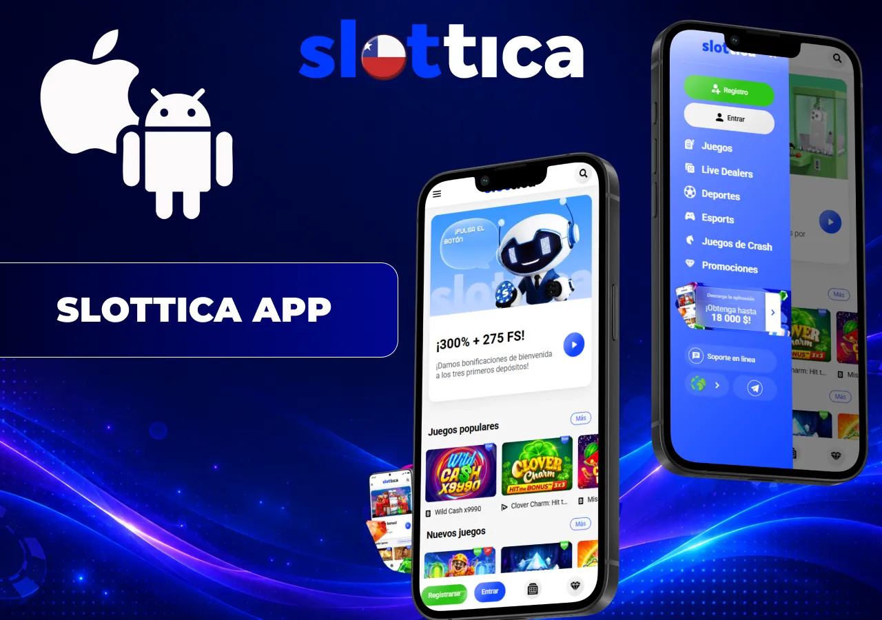 Aplicación para iOS y Android con acceso móvil a juegos, promociones y cuenta personal.