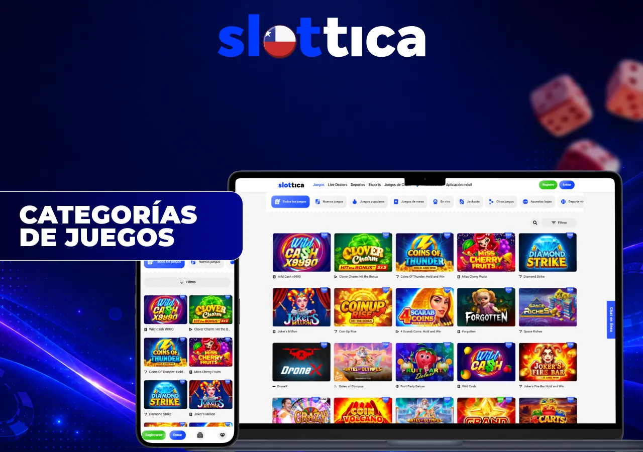 Categorías de juegos de Slottica Casino Chile con tragamonedas y otros juegos disponibles en móvil y PC.